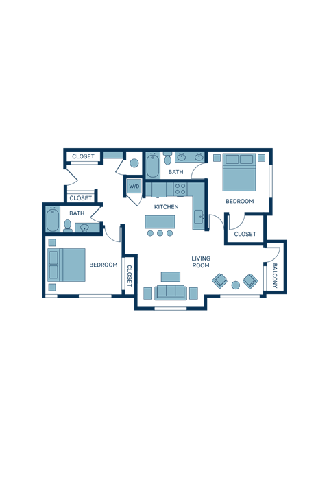 Floor plan for 2 beds, 2 baths, 1149 sqft